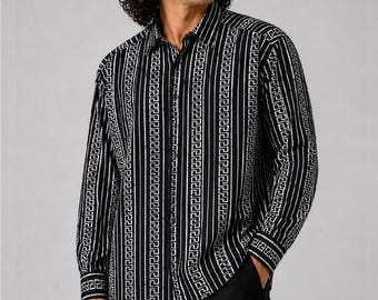 Camicia Versace Jeans Couture anni '90 con motivo a chiave greca – Nero e bianco – Uomo M, L
