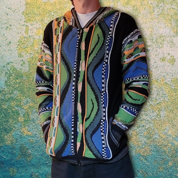 Paolo Deluxe Knitted Hoodie / Retro Coogi Vibes Knitwear Hooded Sweater / Green Blue Black Knitwear Hoodie Coogi Carlo Colucci Style