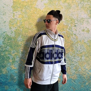 Vintage 90s Adidas Blue and White Track Top / Old School Style Vintage Adidas Spellout Track Jacket / OG Adidas Zippered Track Jacket