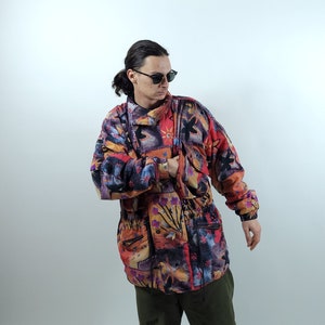 Vintage 80s 90s Pastel Colorway Floral Pattern Ski Jacket / Vintage Geometric Flowers Pattern Warm Colors Baggy Fit Winter Jacket