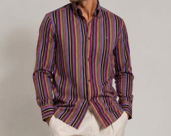 Katoenen Etro-shirt uit 2000 – veelkleurige verticale streep Made in Italy – Maat L, XL
