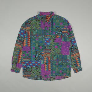 90s Matrix Glitch Button-Up Shirt – Multicolor Purple/Green/Blue – Size M Fits M, L