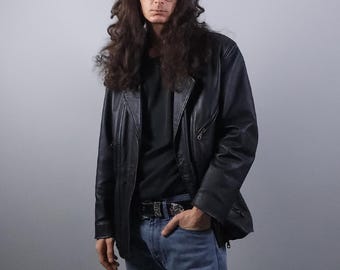 90s Genuine Black Leather Biker Jacket with Belted Waist and Brass – Fits S, M