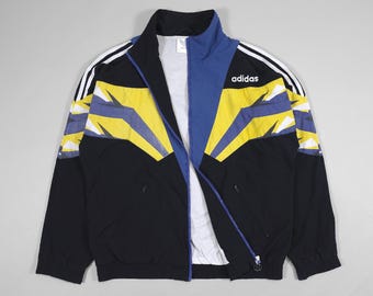 90s Adidas Geometric Pattern Track Jacket – Blue/Yellow/Black – Size L Fits L, XL