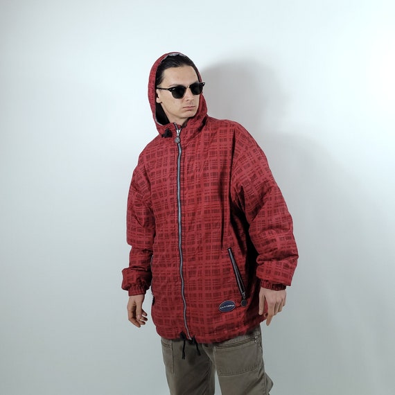 90s Exxtasy Hooded Jacket – Red Abstract Geometric Pattern Size L