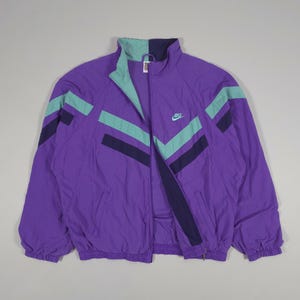 90s Nike Chevron Track Jacket – Purple/Mint/Black Colorblock Nylon Windbreaker Size XL Fits L, XL