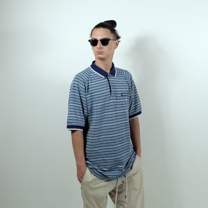Vintage &#39;90s Adidas Knitted Collared Polo T Shirt - Vintage 1990s Adidas Fine Knitwear Polo Tee - Striped Adidas Classic Fit Blue Green Tee