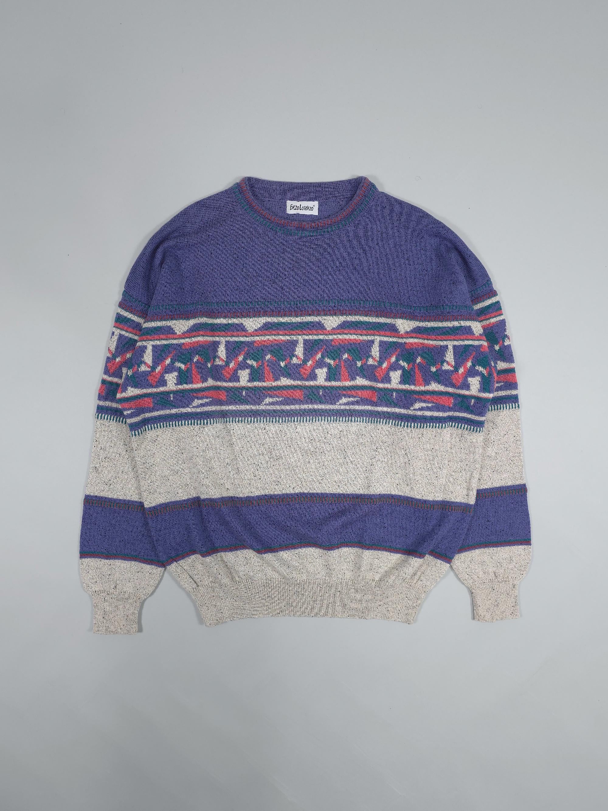 90s Enzo Lorenzo Knitted Sweater – Blue/grey Retro Geometric 