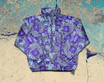 Vintage Sport Line Abstract Pattern Jacket / Vintage 80s 90s Blue Purple Shades Abstract Geometric Sketches Baggy Fit Winter Jacket