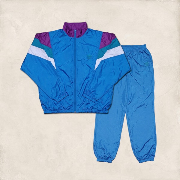 Vintage Blue Purple White Adidas Tracksuit / Vintage 90s Adidas Originals Tracksuit / Old Nylon Adidas Trefoil Track Top and Pants