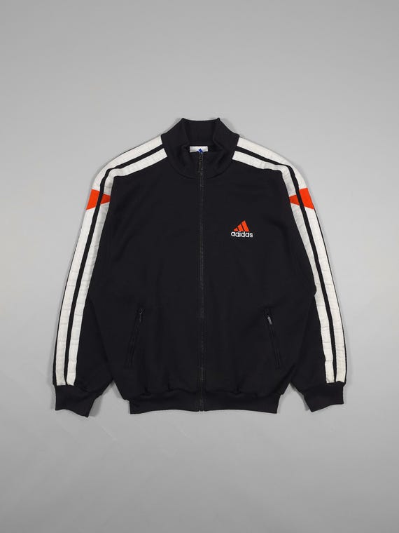 90s Adidas Track Jacket – Black/orange 3 Wide Stripes Size M Fits