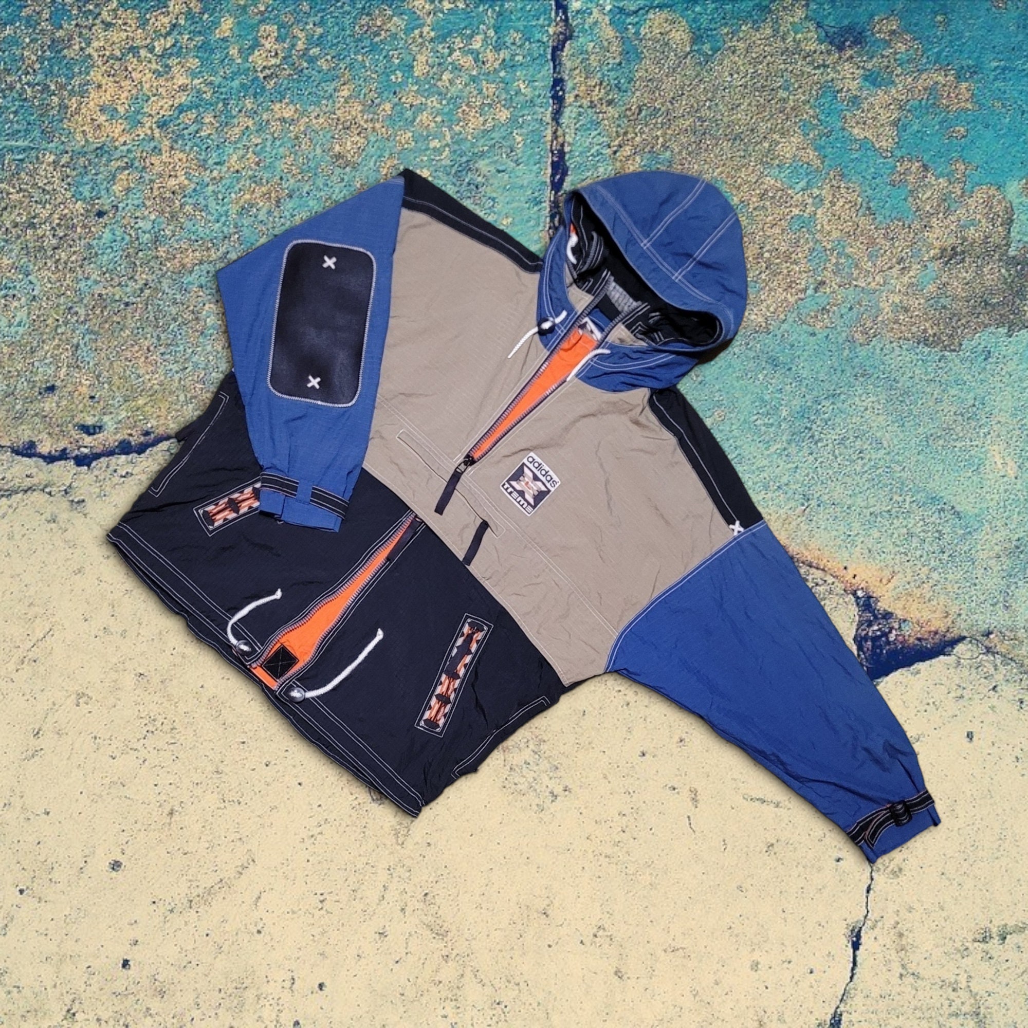 Vintage Very Rare 90s Adidas Xtreme Black Blue Beige Double Hooded