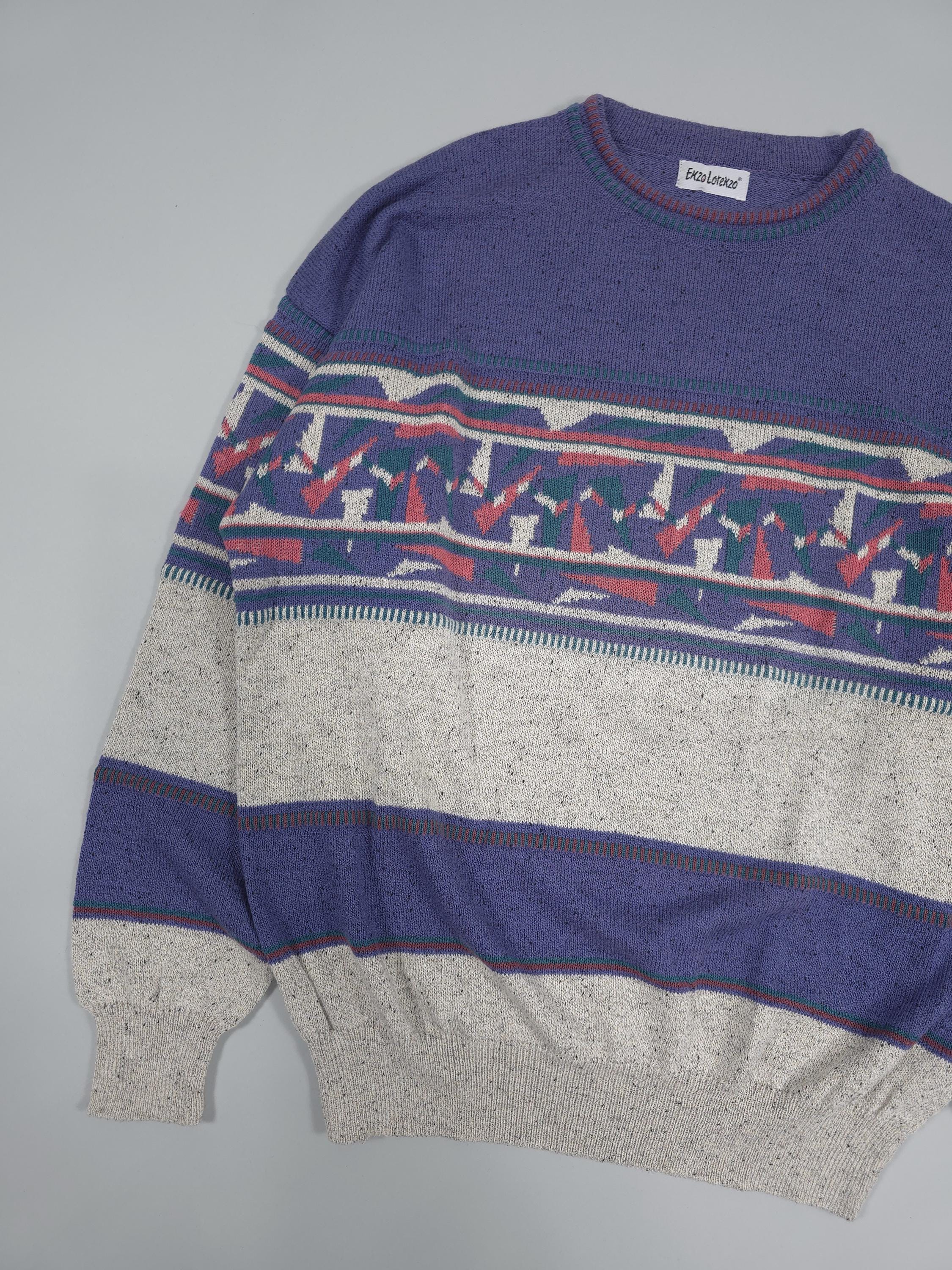 90s Enzo Lorenzo Knitted Sweater – Blue/grey Retro Geometric 