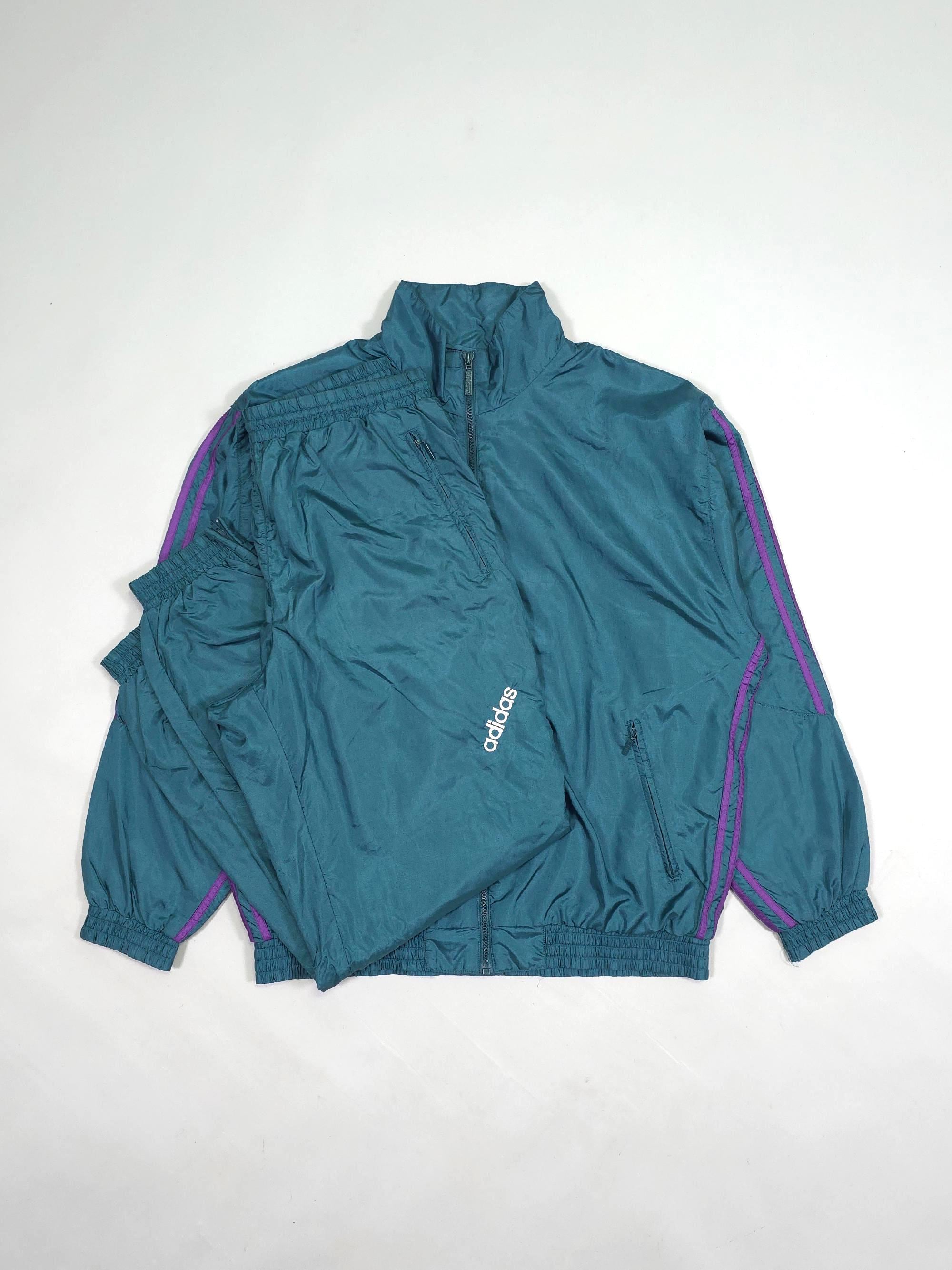 80s Adidas Originals Nylon Tracksuit Set – Teal Purple – Size L
