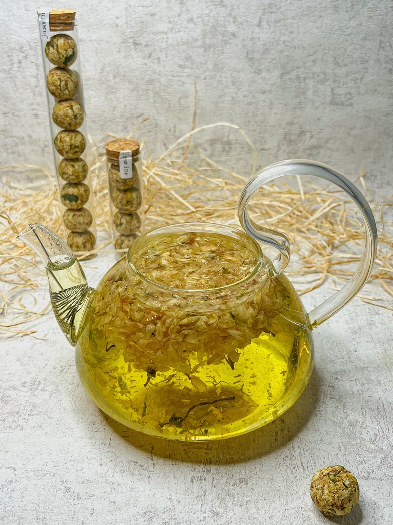 Jasmine Tea flower ball Blooming tea with glass and cork lid Tea gift in a glass image 2