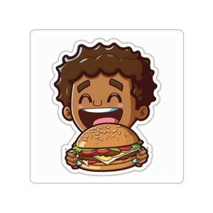 Brown-Skinned Boy Eating a Cheeseburger Kawaii Cartoon Style Die-Cut Sticker - 3 Sizes
