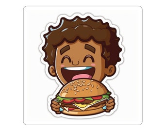 Chłopiec o brązowej skórze jedzący cheeseburgera, naklejka w stylu kreskówkowym Kawaii – wycinana – 3 rozmiary