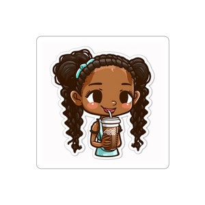 Brown-Skinned Girl Drinking Coffee Kawaii Cartoon Style Die-Cut Sticker