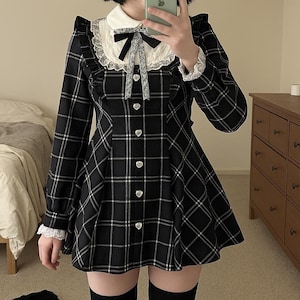 Japanese Retro Plaid Maid Lolita Dress Cosplay Outfit, Y2k Lace Bow Dresses Ruffles Patchwork Longsleeve