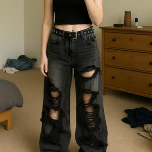High-Waisted Ripped Black Denim Pants: Edgy Grunge Streetwear