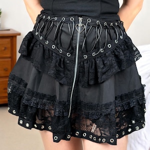 Spódnica Harajuku Heart Zipper Mini, Czarna spódnica Punk z wysokim stanem dla kobiet, Y2K Emo Streetwear, Prezent Grunge dla niej, Strój Edgy Club