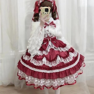 Classic Lolita Dress, Gothic Red and White Lace Layered Dress, Vintage Inspired Cosplay Outfit, Japan cosplay, costume