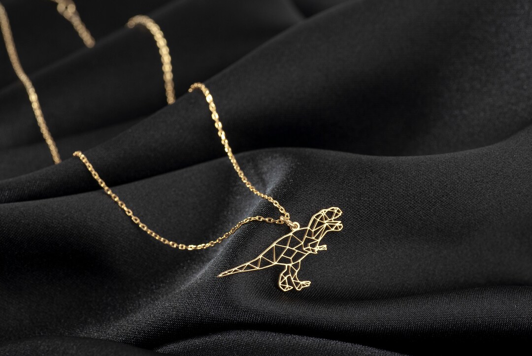 14K Solid Gold Dinosaur Necklace, TREX Dinosaur Pendant, Dino Necklace