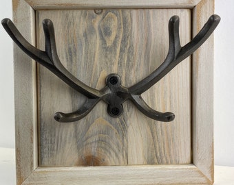 Cast iron antlers wall art free standing pine framed