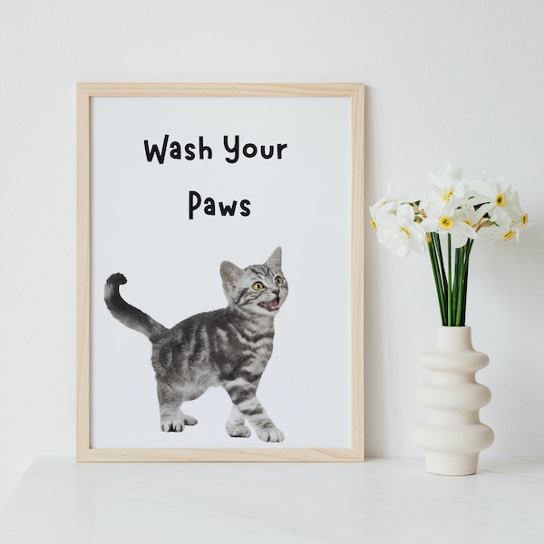 Wash your paws Tabby Kitten Bathroom Wall art Downloadable Digital Files Print at home, Funny, Novelty, Toilet Humour