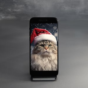 Könnte beinhalten: Ein Smartphone, auf dem ein Foto eines Katers mit einem roten Weihnachtsmann-Hut zu sehen ist. Die Katze schaut direkt in die Kamera. Der Hintergrund des Fotos ist eine Schneelandschaft.