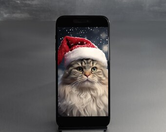Cat with Santa hat Xmas Christmas Phone Tablet Wallpaper, Digital File PNG, Novelty, Funny cats, Downloadable, background, iPhone, iPad