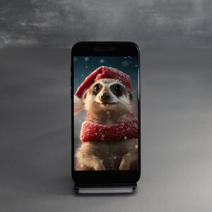 Könnte beinhalten: Ein Smartphone, auf dem ein Foto eines Erdmännchens zu sehen ist, das einen roten Weihnachtsmann-Hut und einen Schal trägt, vor einem verschneiten Hintergrund.