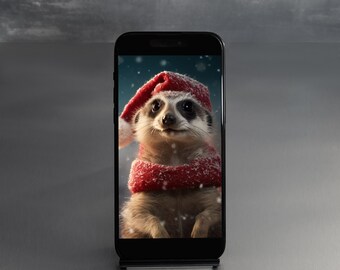 Meerkat in a Santa Hat Xmas Phone Wallpaper, Digital File PNG, Funny, Novelty, Wildlife, Cute, Downloadable, iPhone, iPad, Tablet background