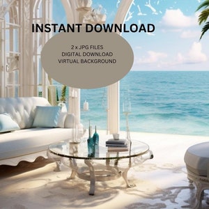 May include: A white couch and armchair with blue pillows are positioned in a white room with large windows overlooking a beach scene. The text "INSTANT DOWNLOAD" and "2 x JPG FILES DIGITAL DOWNLOAD VIRTUAL BACKGROUND" is visible in the image.