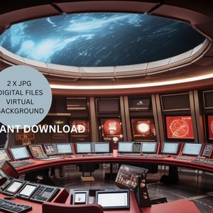 Puede incluir: Una sala de control futurista con una gran ventana circular que muestra un planeta azul y blanco. La sala tiene un escritorio curvo con múltiples monitores de computadora y acentos rojos. El texto "2 x JPG DIGITAL FILES VIRTUAL BACKGROUND INSTANT DOWNLOAD" se muestra en un círculo.