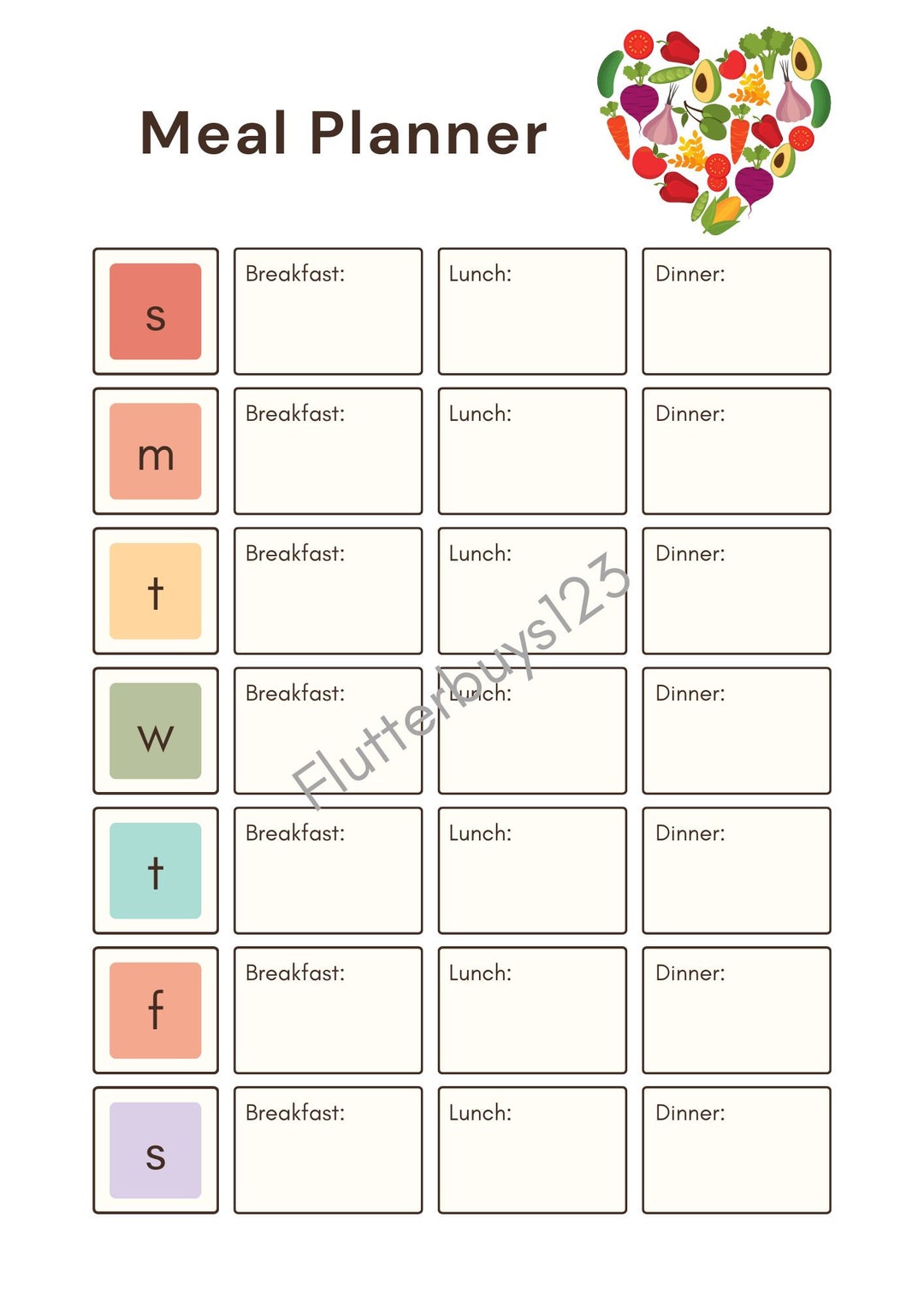 Weekly Meal Planner Breakfast Lunch Dinner PDF File Downloadable