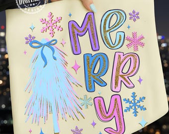 Coquette Christmas Png, Merry and Bright Png, Preppy Christmas Tree png, Sublimation PNG, Doodle Christmas Shirt PNG, Girly, Brushstroke