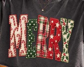 Merry Patchwork Letters Dots Stripes Holly Jolly Trendy Distressed PNG, Holiday Shirt Designs Pod Dtf Xmas png sublimation popular now Trend