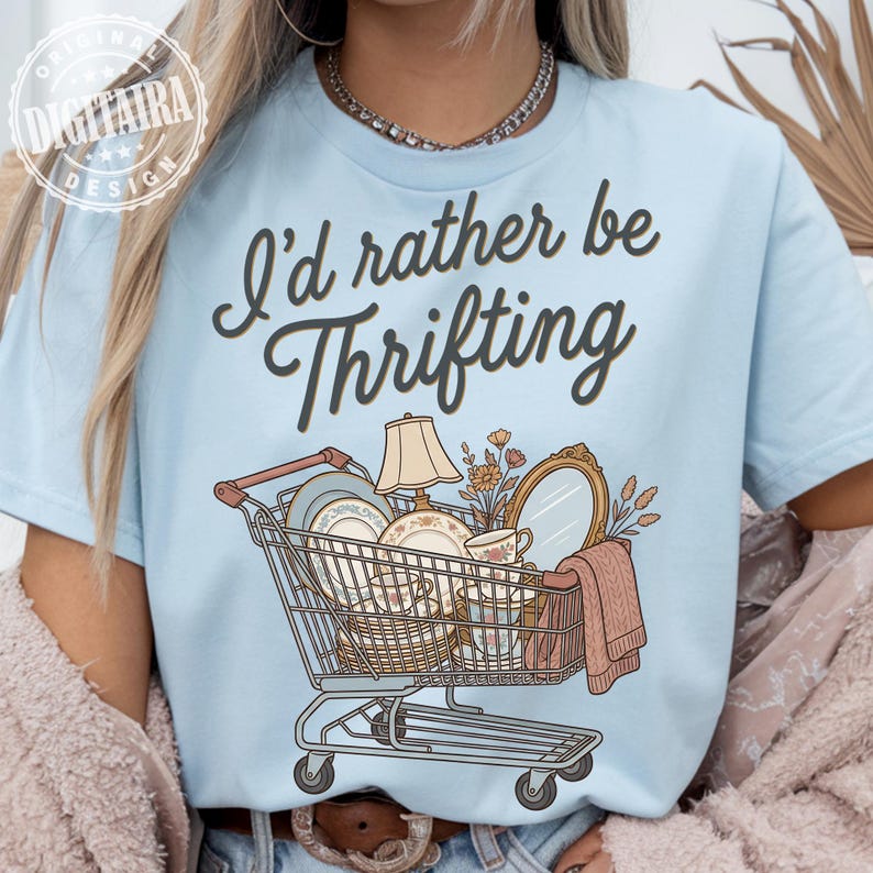 I’d Rather Be Thrifting PNG, thrift aesthetic shirt design, blue and gold vintage decor cart, retro thrifting graphic,boutique style digital