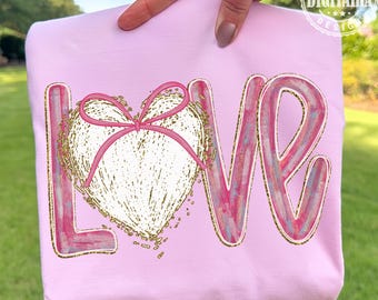 Valentine's Day love PNG Preppy Coquette Valentine PNG Valentine Bow Digital Download Pink Glitter Sublimation Design, Love Png