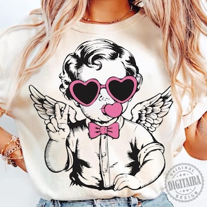 Retro Cupid Valentines Day Blowing Bubble PNG, Vintage Valentines Day png, Funny Cupid With Sunglasses png, Valentines Day png, Cupid png