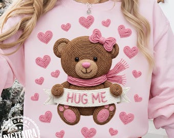 Faux Yarn Valentine's Day Teddy Bear Png, Hug Me png, Coquette Valentines Png Heart Design