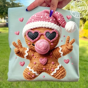 Fil à crocheter en forme de biscuit en pain d'épice Png, pain d'épice rose soufflage de chewing-gum Png, Noël pour tout-petits png, enfant PNG mignon, faux fil de Noël tendance