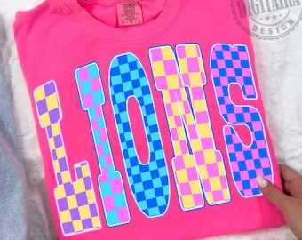 Lions Png, Checkered Png, Retro Lions Sublimation, Game Day Png, Lions Shirt, Lions Mascot Png, Neon Lions Png,Football Shirt PNG