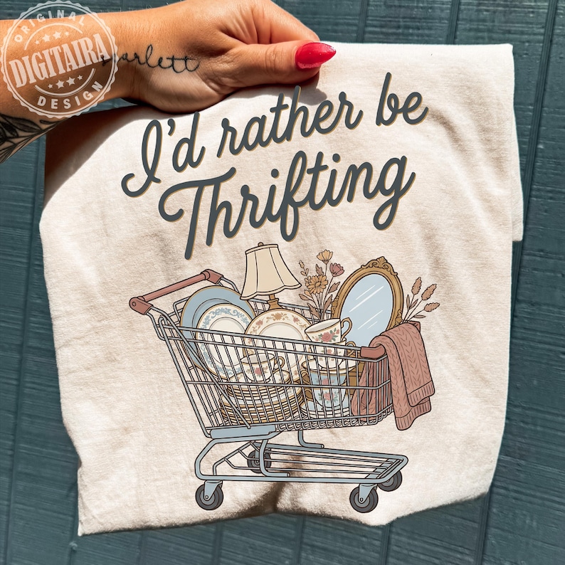 I’d Rather Be Thrifting PNG, thrift aesthetic shirt design, blue and gold vintage decor cart, retro thrifting graphic,boutique style digital