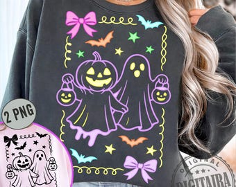 Fantasma Preppy PNG, Design de Sublimação de Halloween de Outono Neon com Laços e Flores, Clipart de Temporada Assustador Feminino, Download Digital para Camisetas