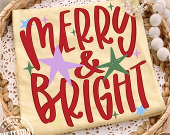 Merry & Bright Preppy PNG, Retro Christmas T-Shirt Design, Festive Holiday Quote Sublimation, Red Pink Christmas, Joyful Xmas PNG, Doodle