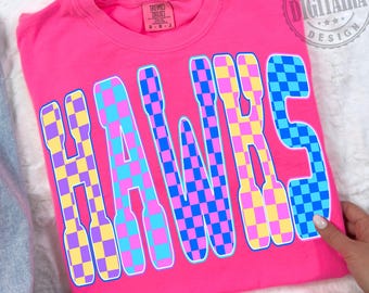 Hawks Png, Checkered Png, Retro Hawks Sublimation, Game Day Png, Hawks Shirt, Hawks Mascot Png, Neon Hawks Png,School Spirit Shirt PNG