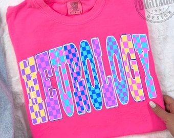 Neurology Coquette Bow T-Shirt, Checkered Neuro Crew Shirts, Neon Nurse Appreciation Gift, Neuroscience T-Shirt, Graduation
