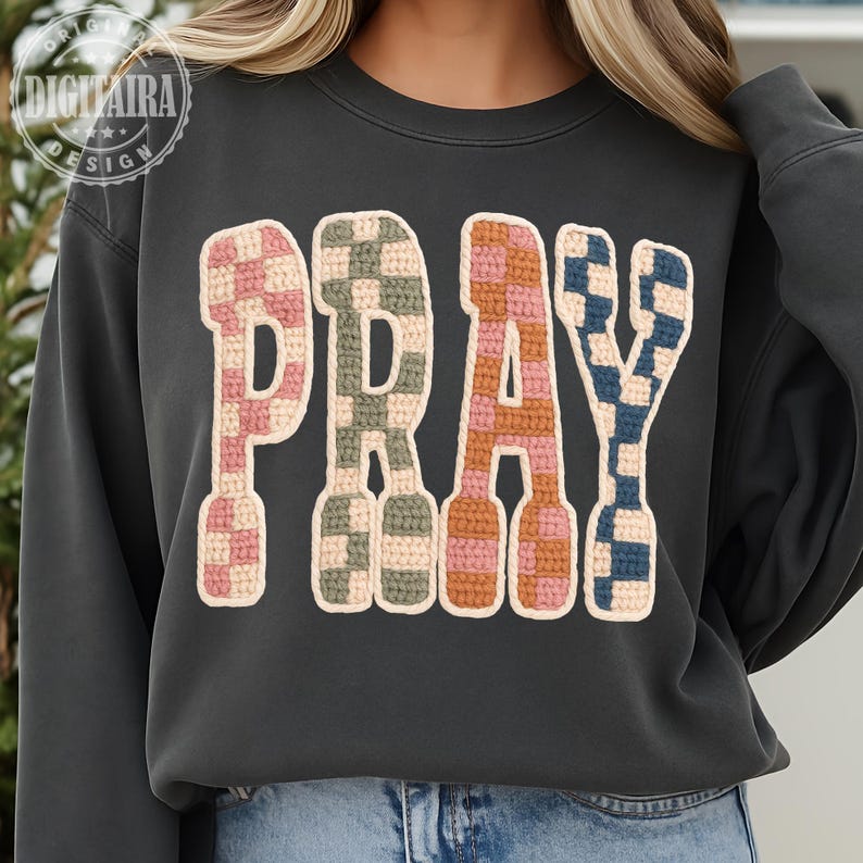 Yarn Pray png, Christian Yarn checkered PNG Retro Varsity Faith png Blessed Jesus Design Trending Girly Bible Quote Amen Popular Shirt png